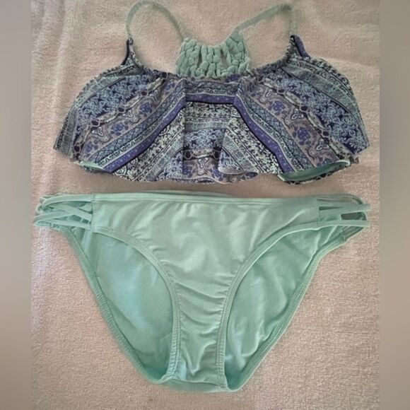 Girls medium turquoise southwest design ruffle flounce macrame Boho bikini - Picture 1 of 14